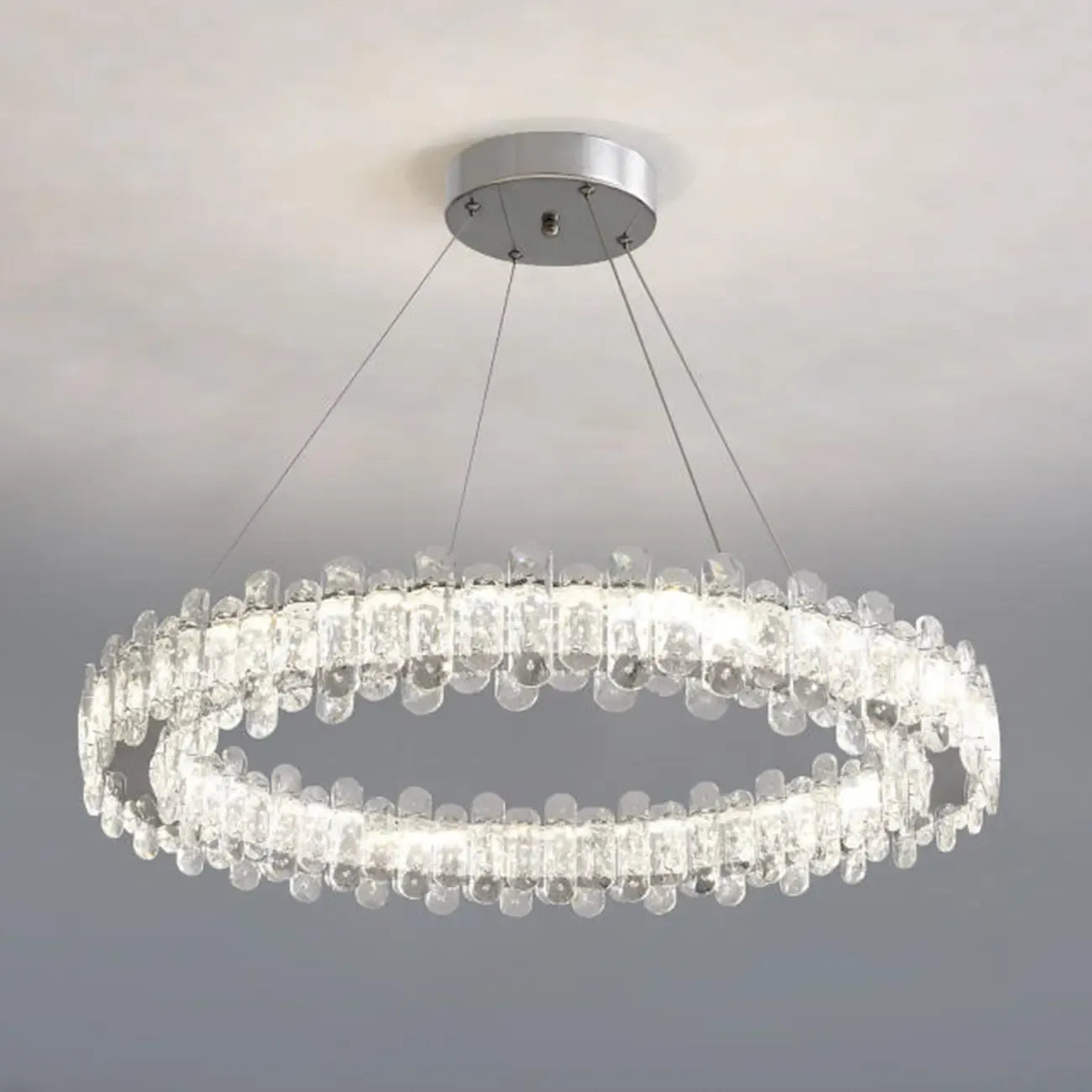 Lustre moderne en perles de verre circulaires dorées et cristal