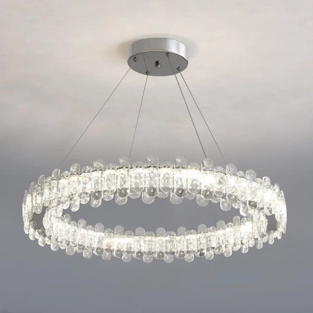 Lustre moderne en perles de verre circulaires dorées et cristal