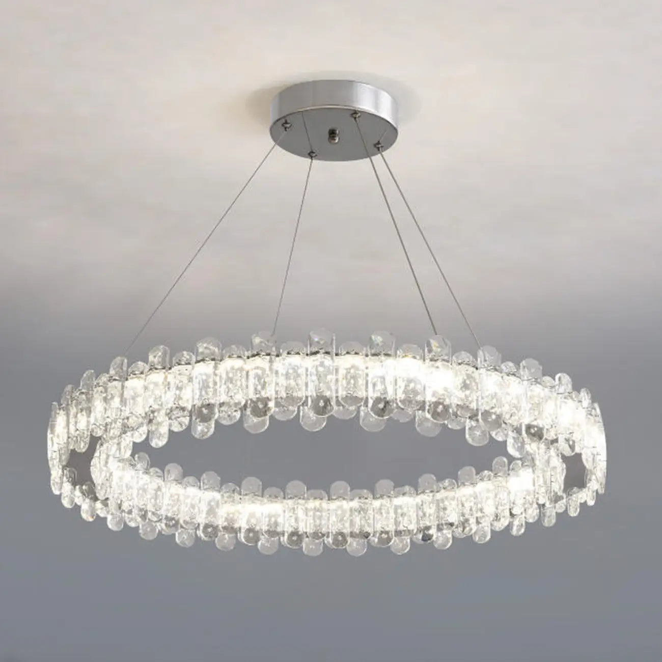 Lustre moderne en perles de verre circulaires dorées et cristal
