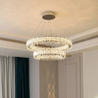 Lustre moderne en perles de verre circulaires dorées et cristal