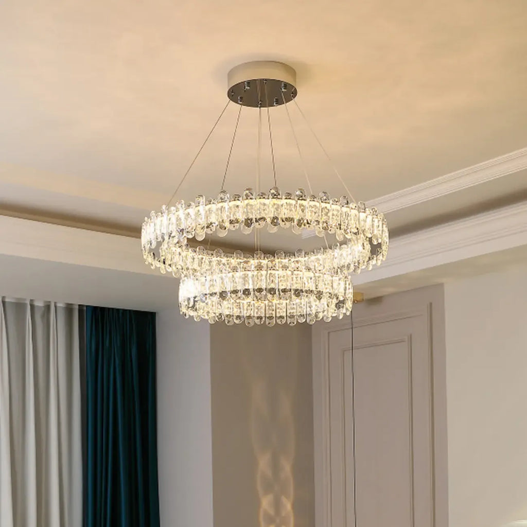 Lustre moderne en perles de verre circulaires dorées et cristal