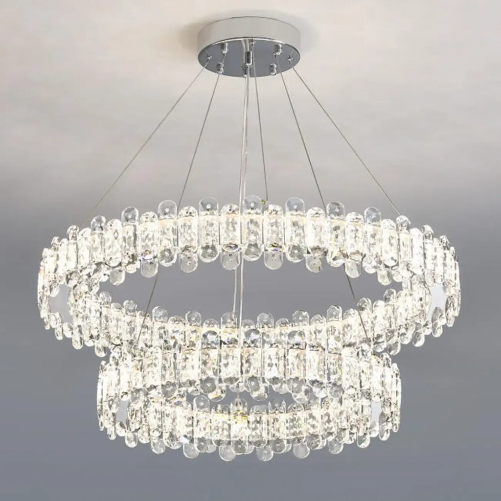 Lustre moderne en perles de verre circulaires dorées et cristal