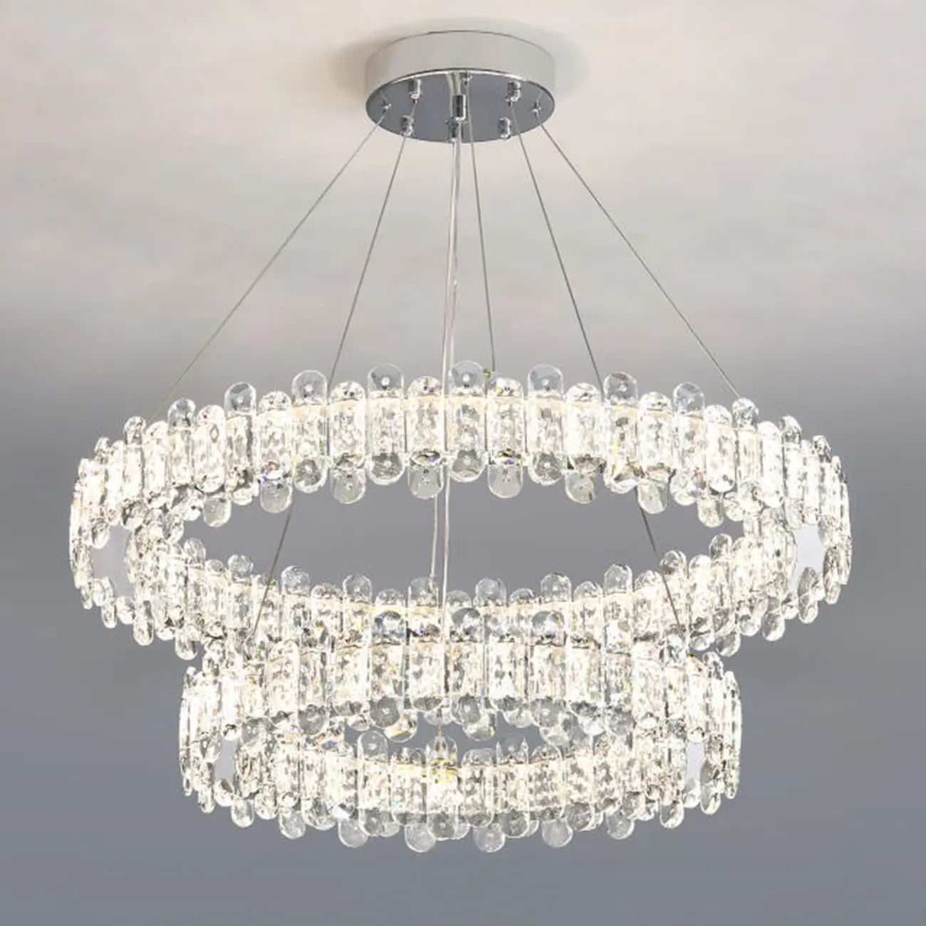 Lustre moderne en perles de verre circulaires dorées et cristal