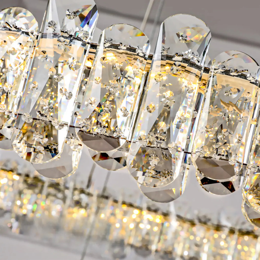 Lustre moderne en perles de verre circulaires dorées et cristal