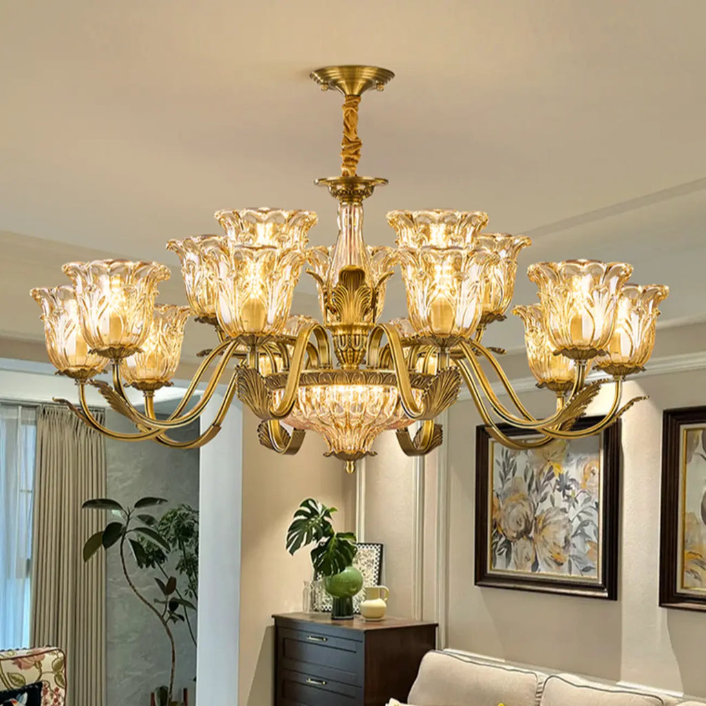 Lustre élégant en cristal et verre doré à motif floral