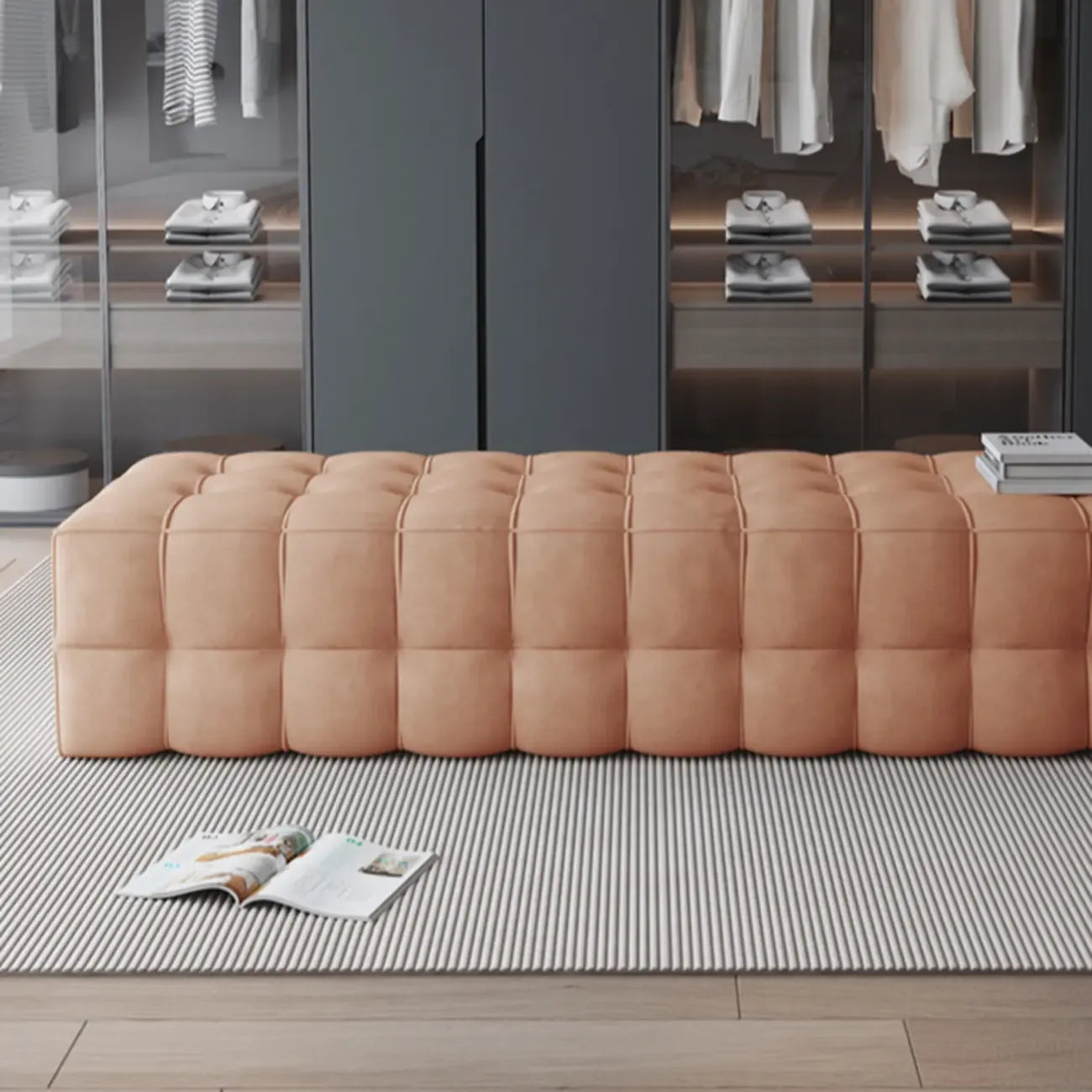 Banc de chambre long et rembourré gris clair contemporain