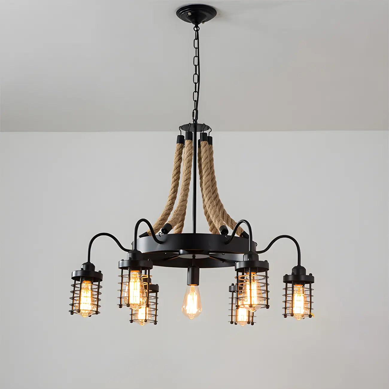 Lustre vintage industriel en métal et corde noire