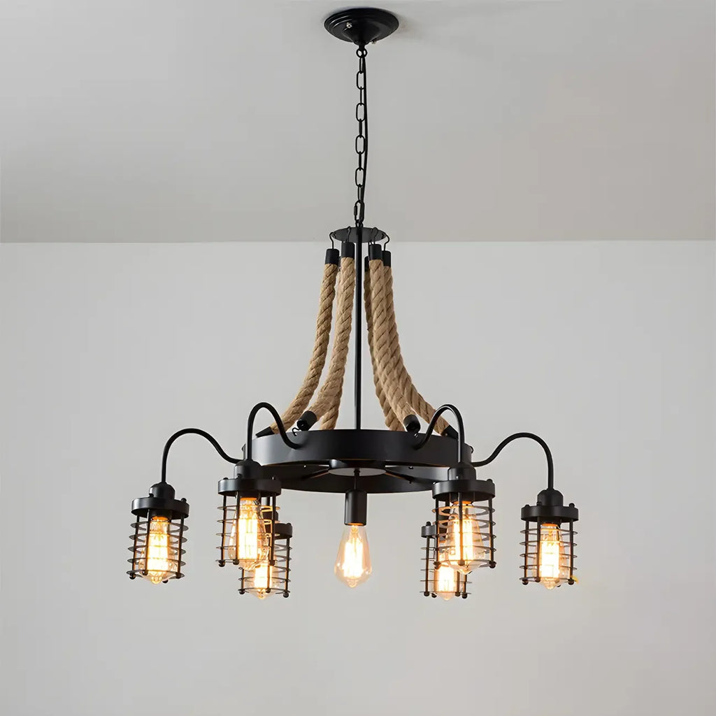 Lustre vintage industriel en métal et corde noire