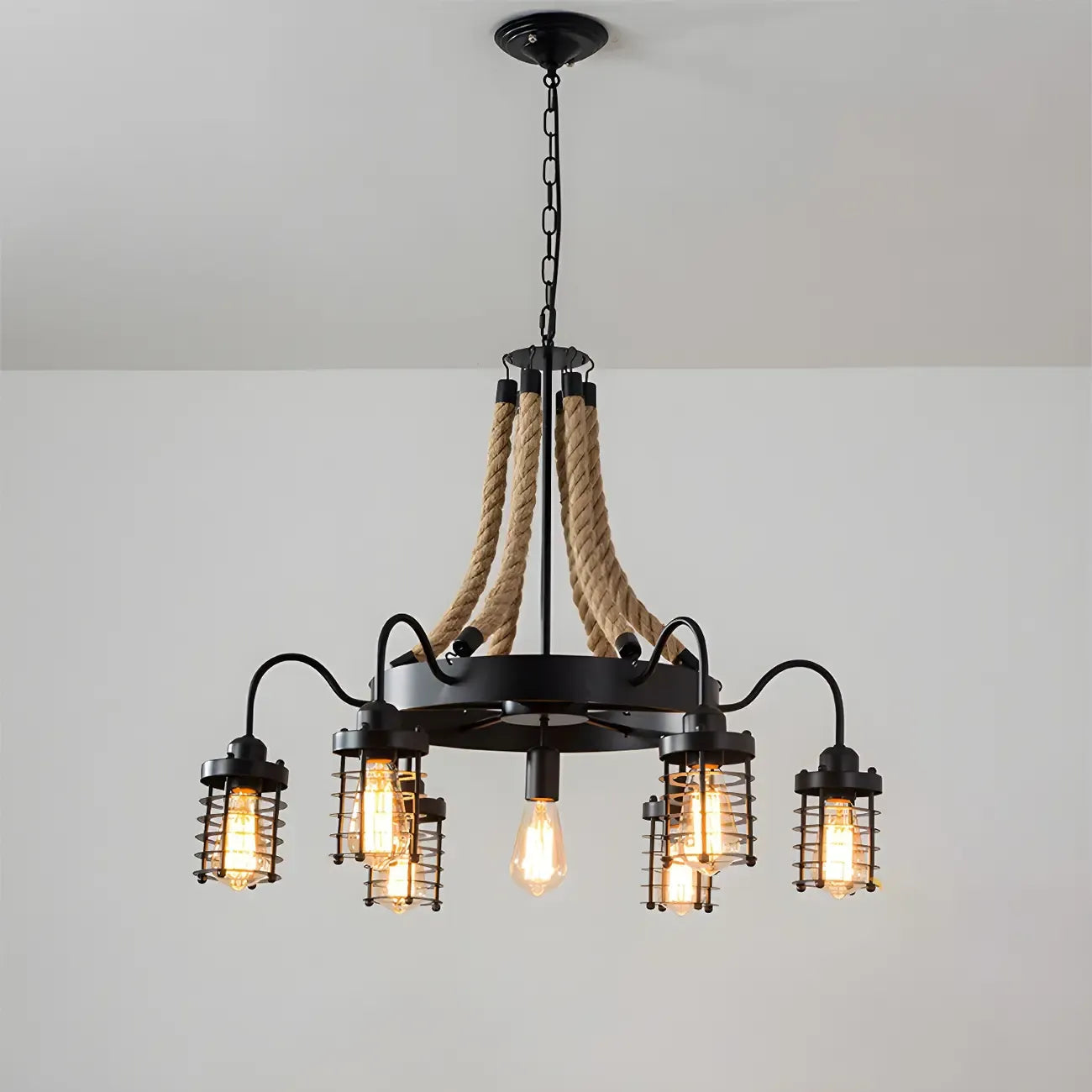 Lustre vintage industriel en métal et corde noire