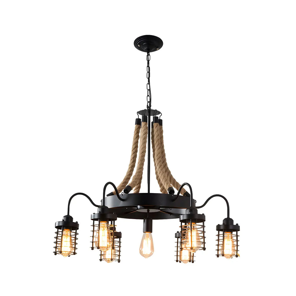 Lustre vintage industriel en métal et corde noire