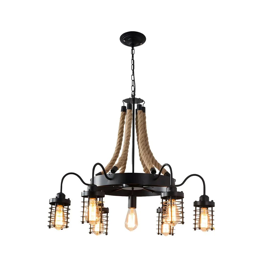 Lustre vintage industriel en métal et corde noire