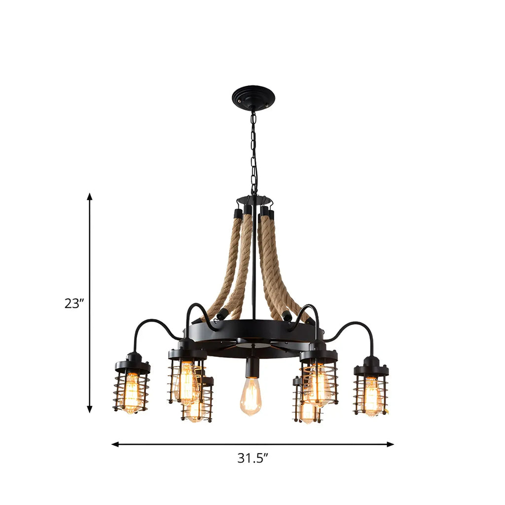 Lustre vintage industriel en métal et corde noire