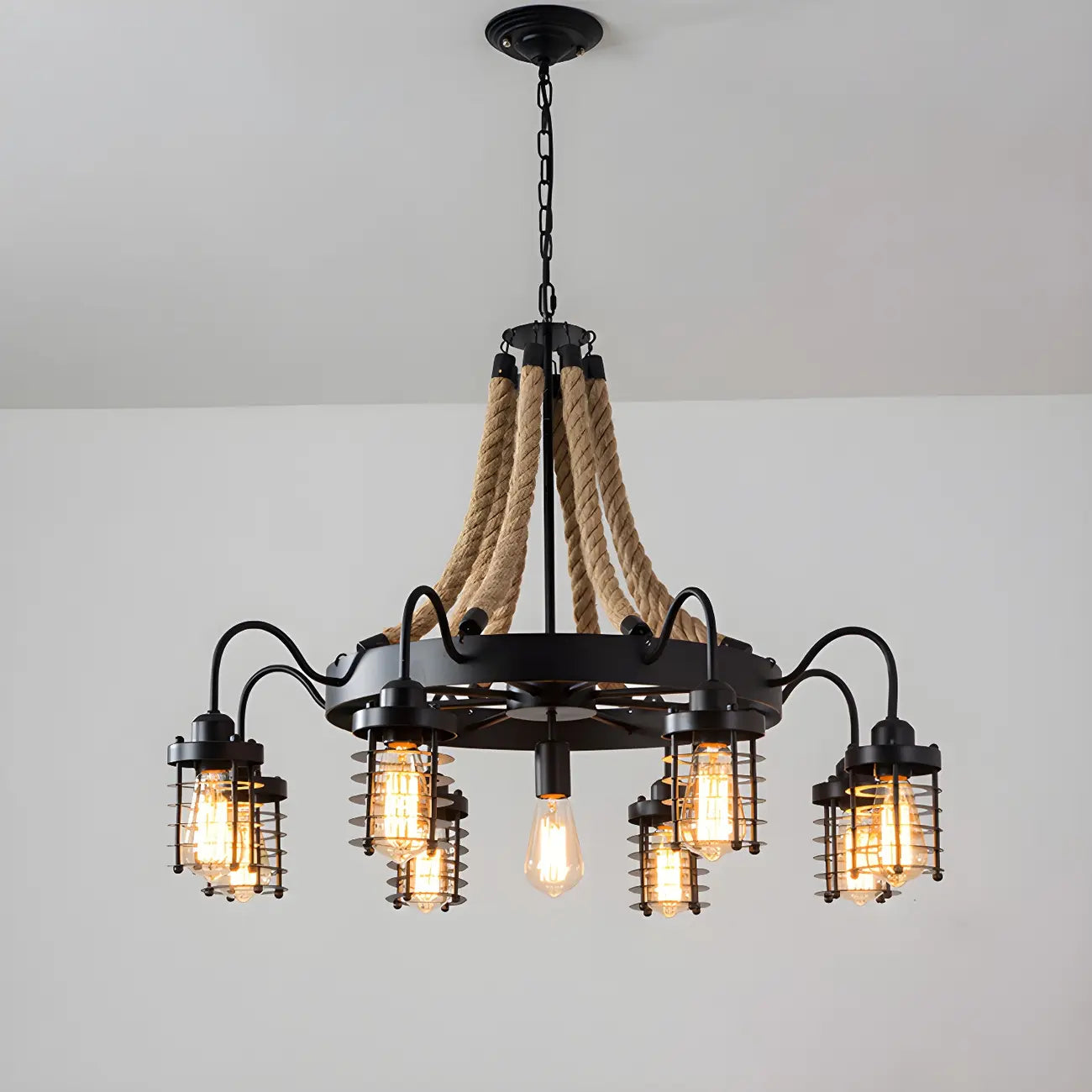 Lustre vintage industriel en métal et corde noire