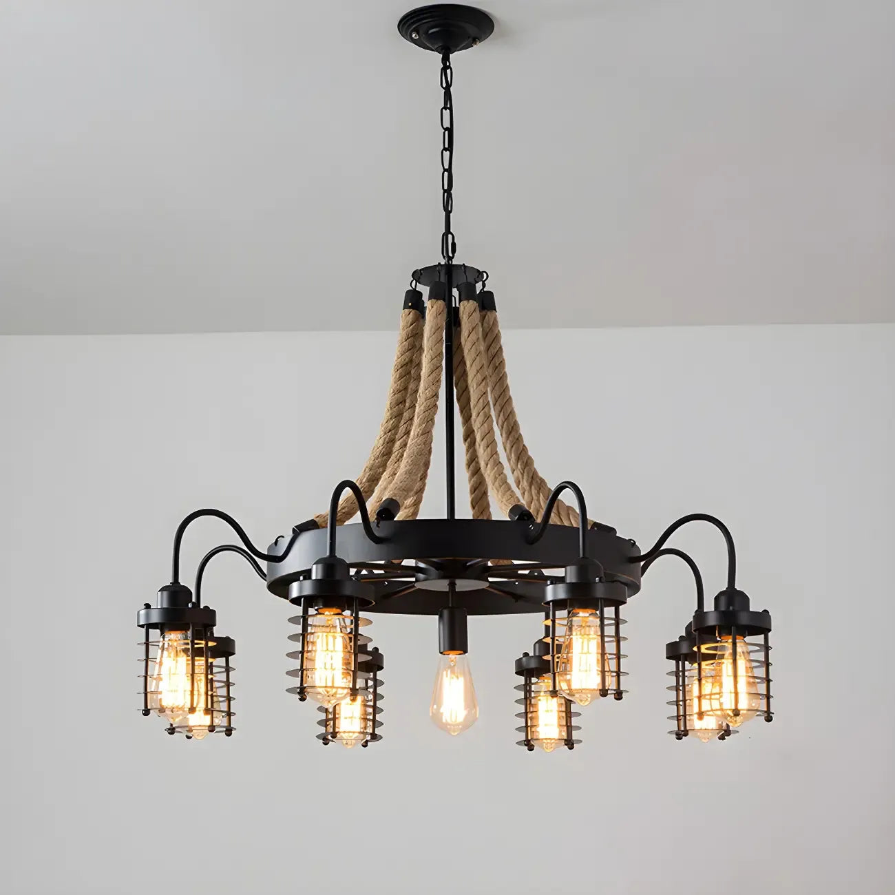 Lustre vintage industriel en métal et corde noire