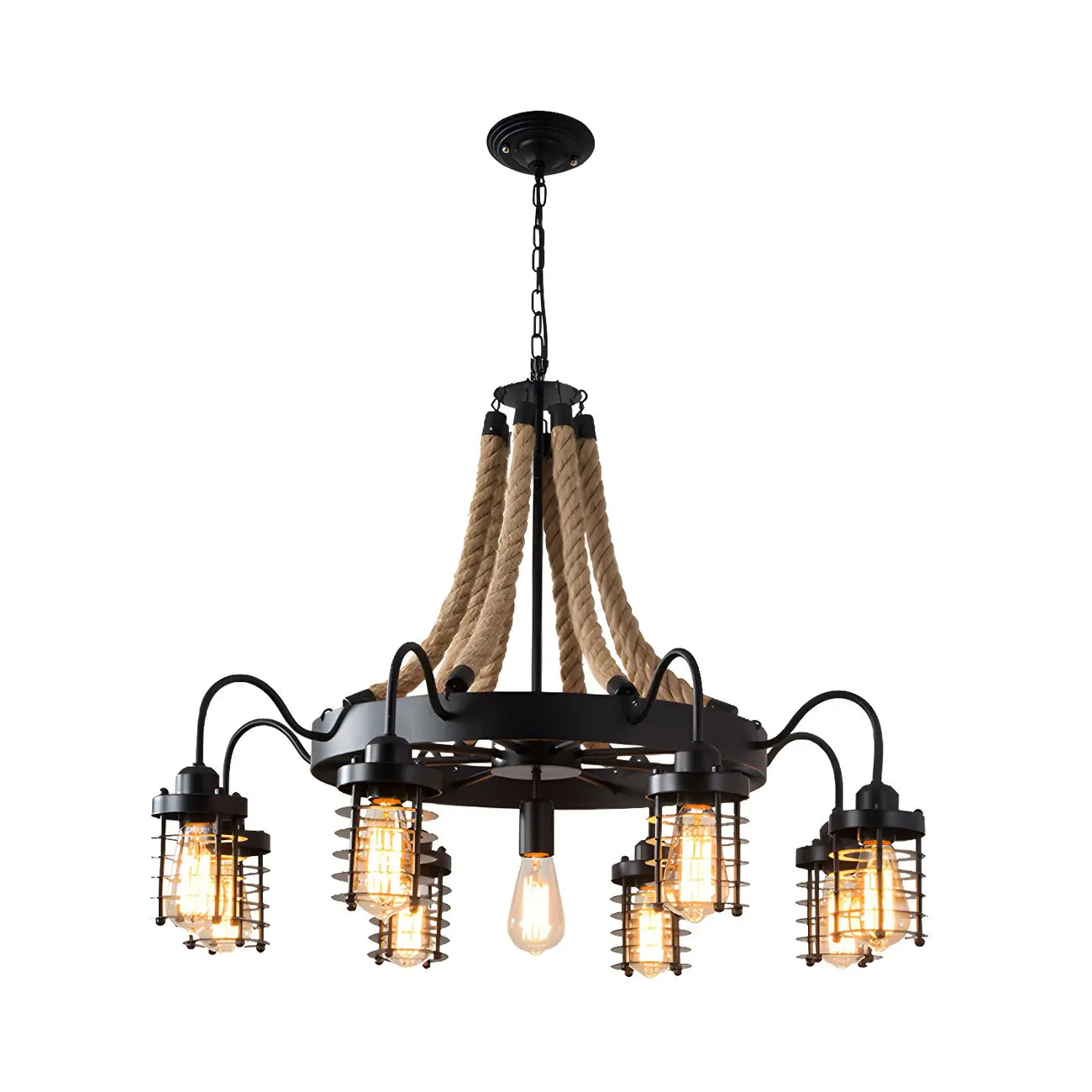 Lustre vintage industriel en métal et corde noire