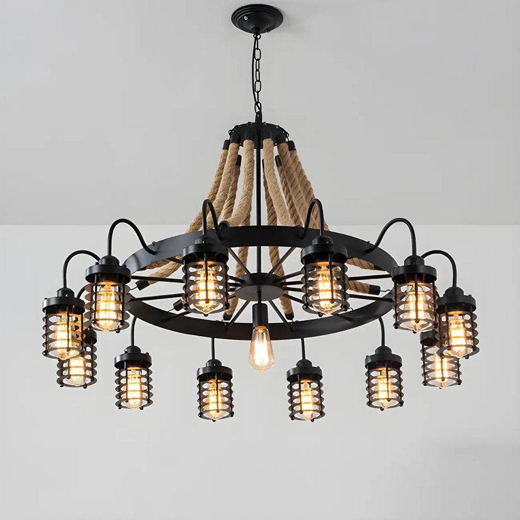 Lustre vintage industriel en métal et corde noire