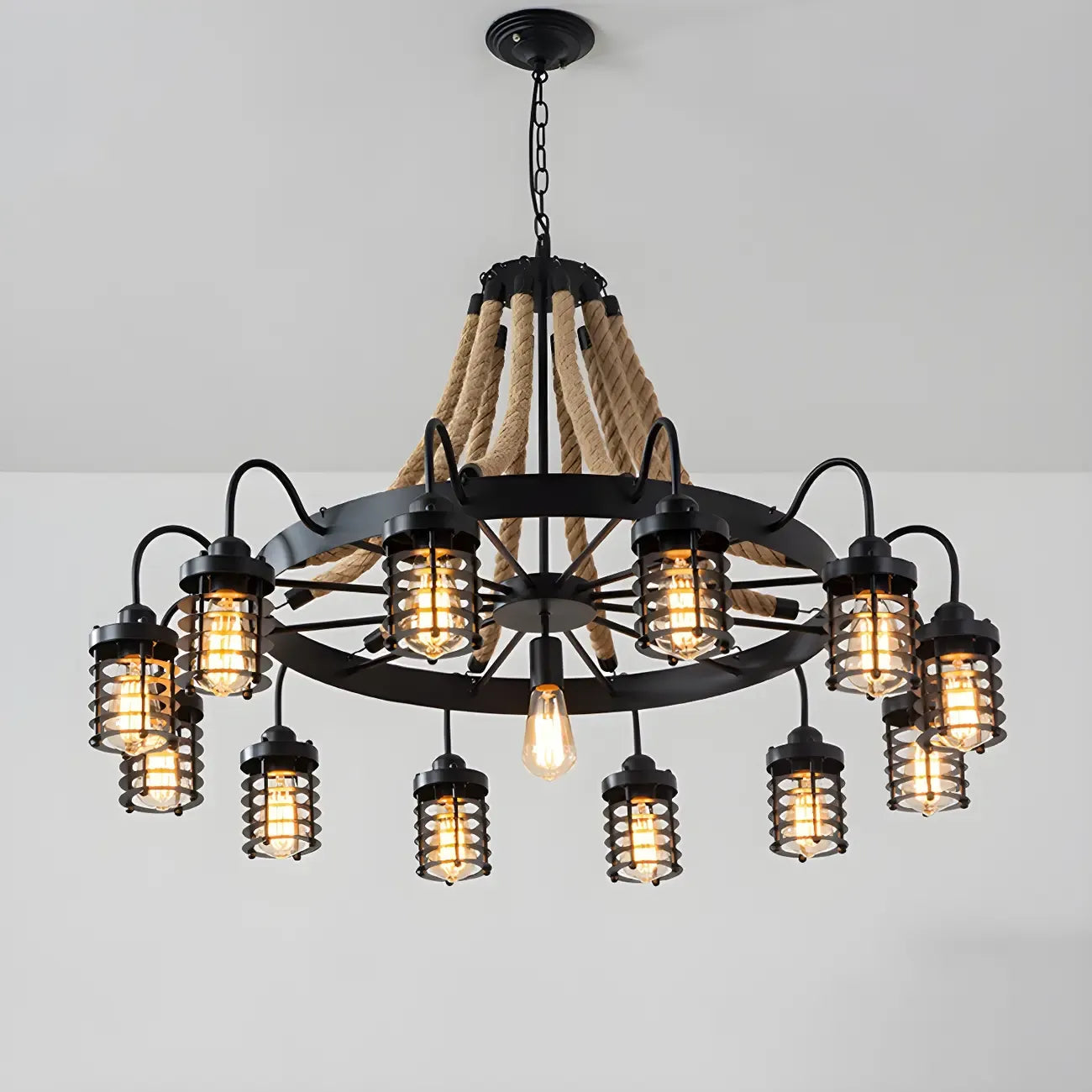 Lustre vintage industriel en métal et corde noire