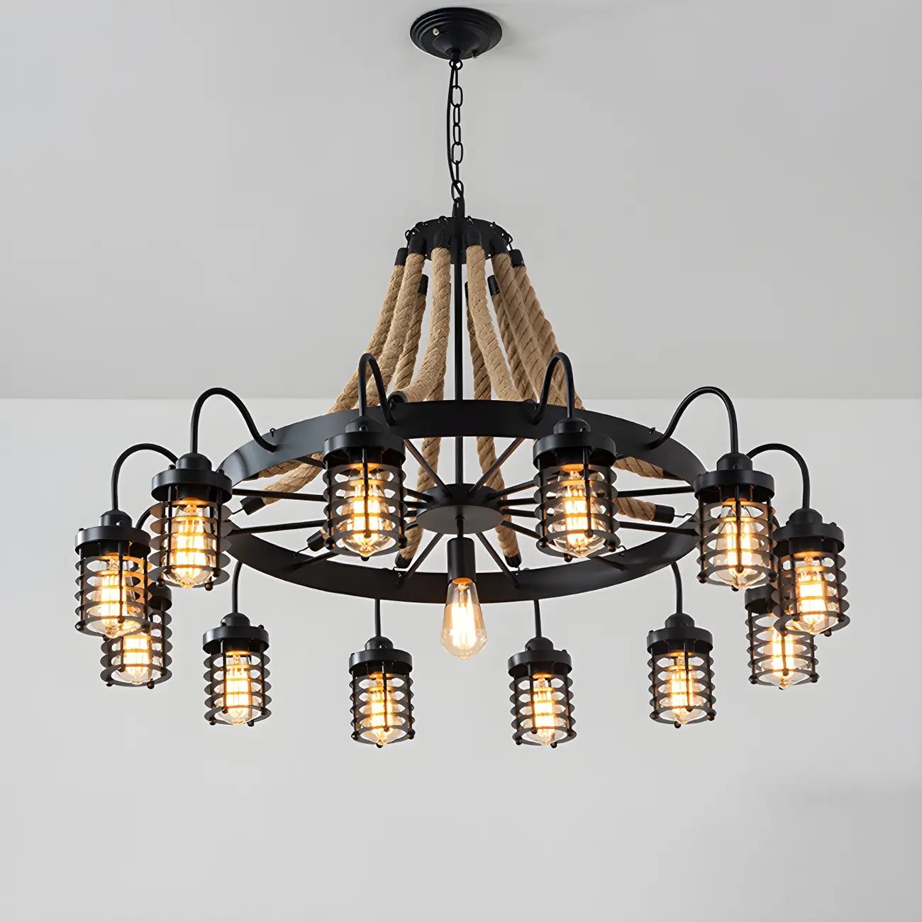 Lustre vintage industriel en métal et corde noire