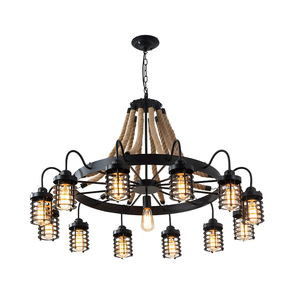 Lustre vintage industriel en métal et corde noire