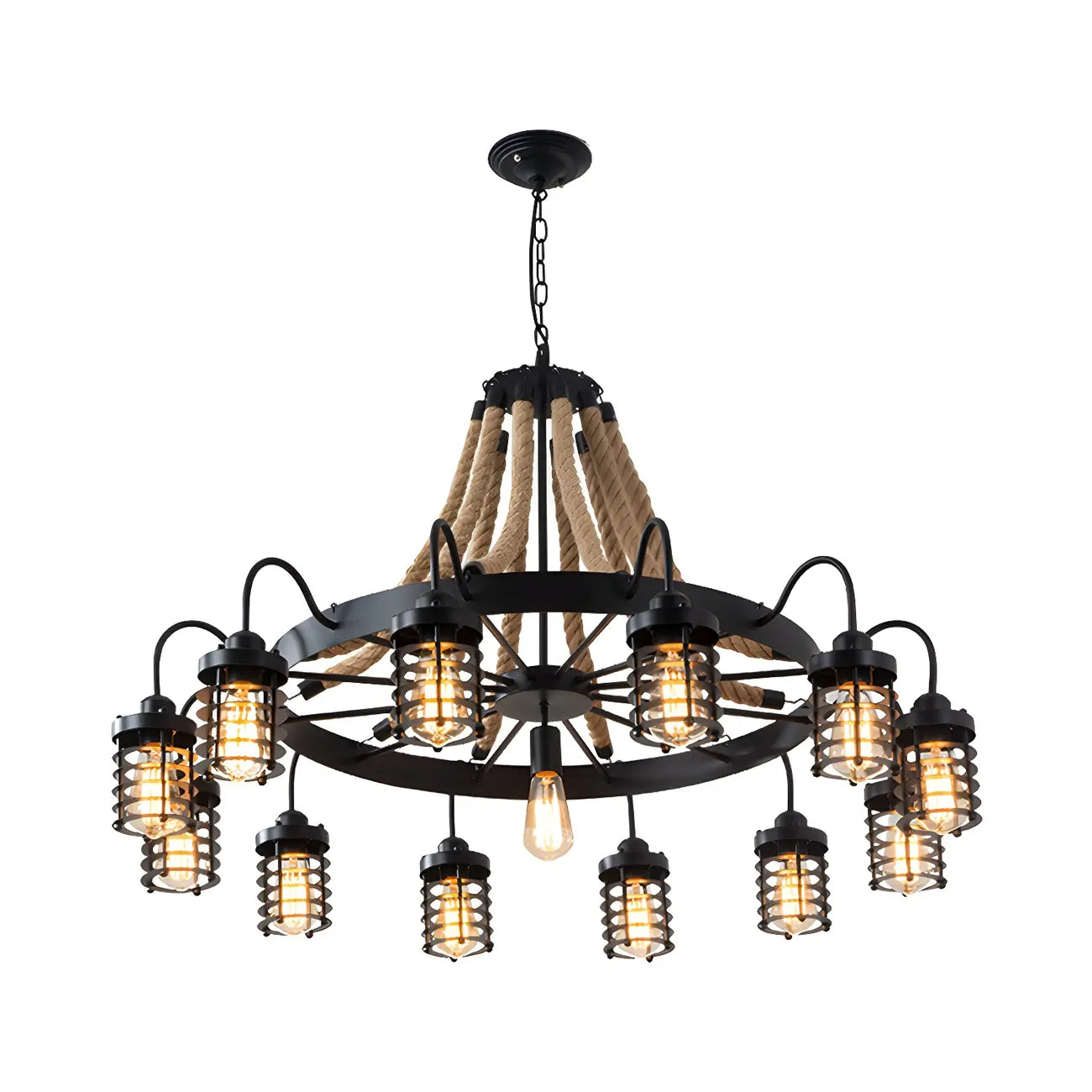 Lustre vintage industriel en métal et corde noire