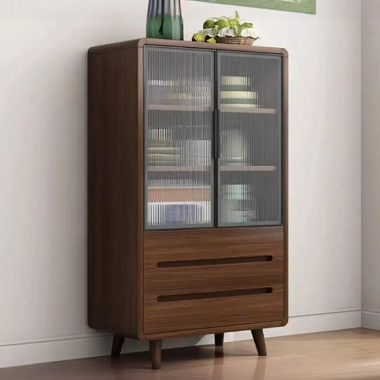 Credenza Moderna Stretta in Legno con Ante in Vetro