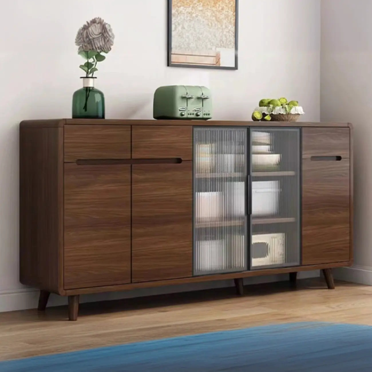Credenza Moderna Stretta in Legno con Ante in Vetro