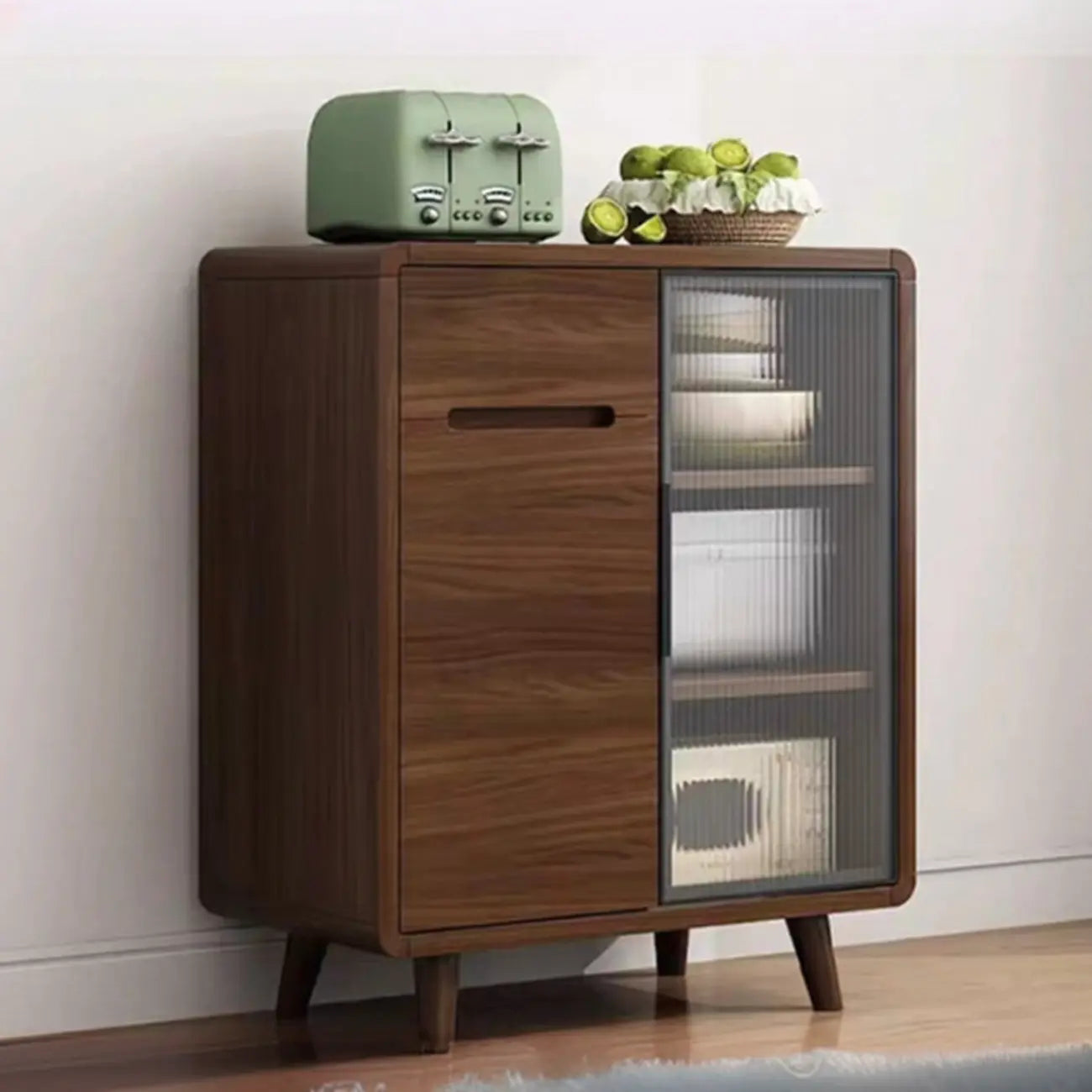Credenza Moderna Stretta in Legno con Ante in Vetro