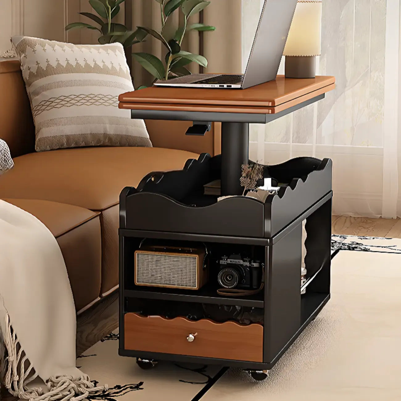 Chariot de rangement roulant pliable en bois réglable avec plateau de table
