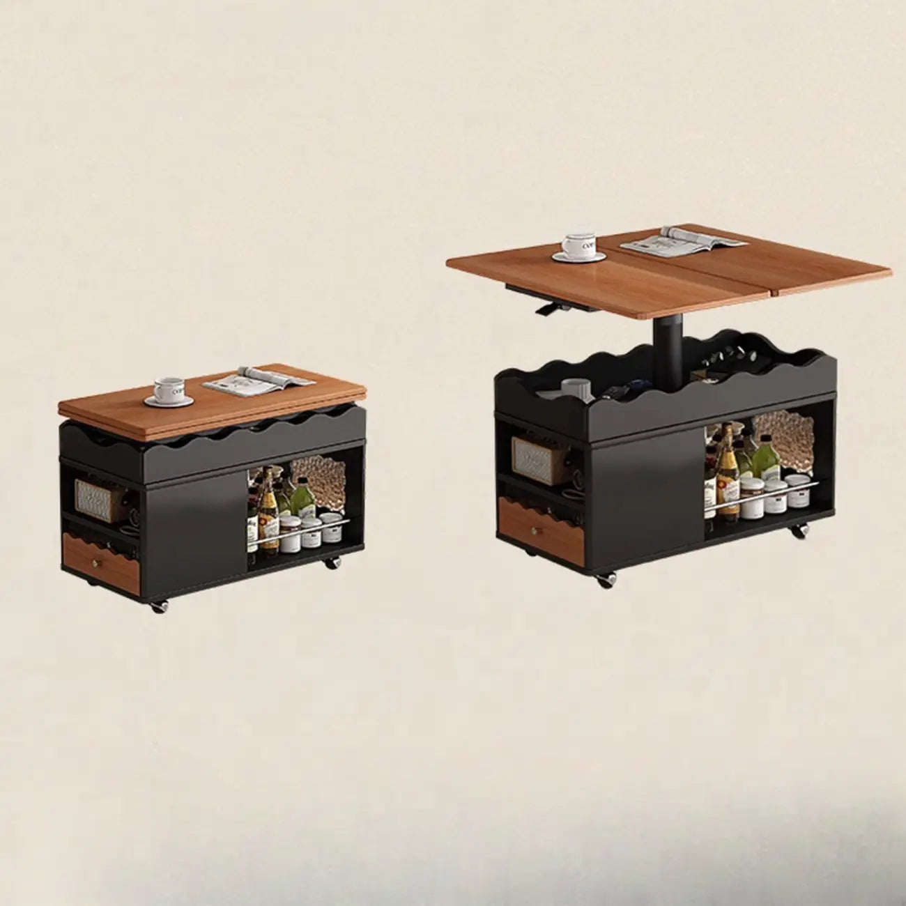 Chariot de rangement roulant pliable en bois réglable avec plateau de table