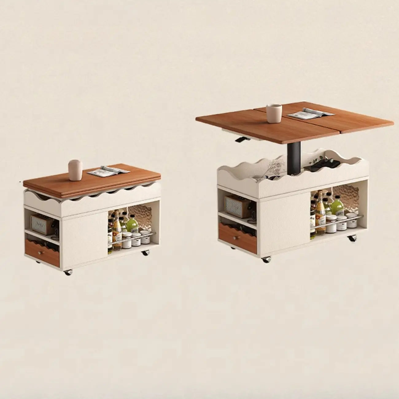 Chariot de rangement roulant pliable en bois réglable avec plateau de table