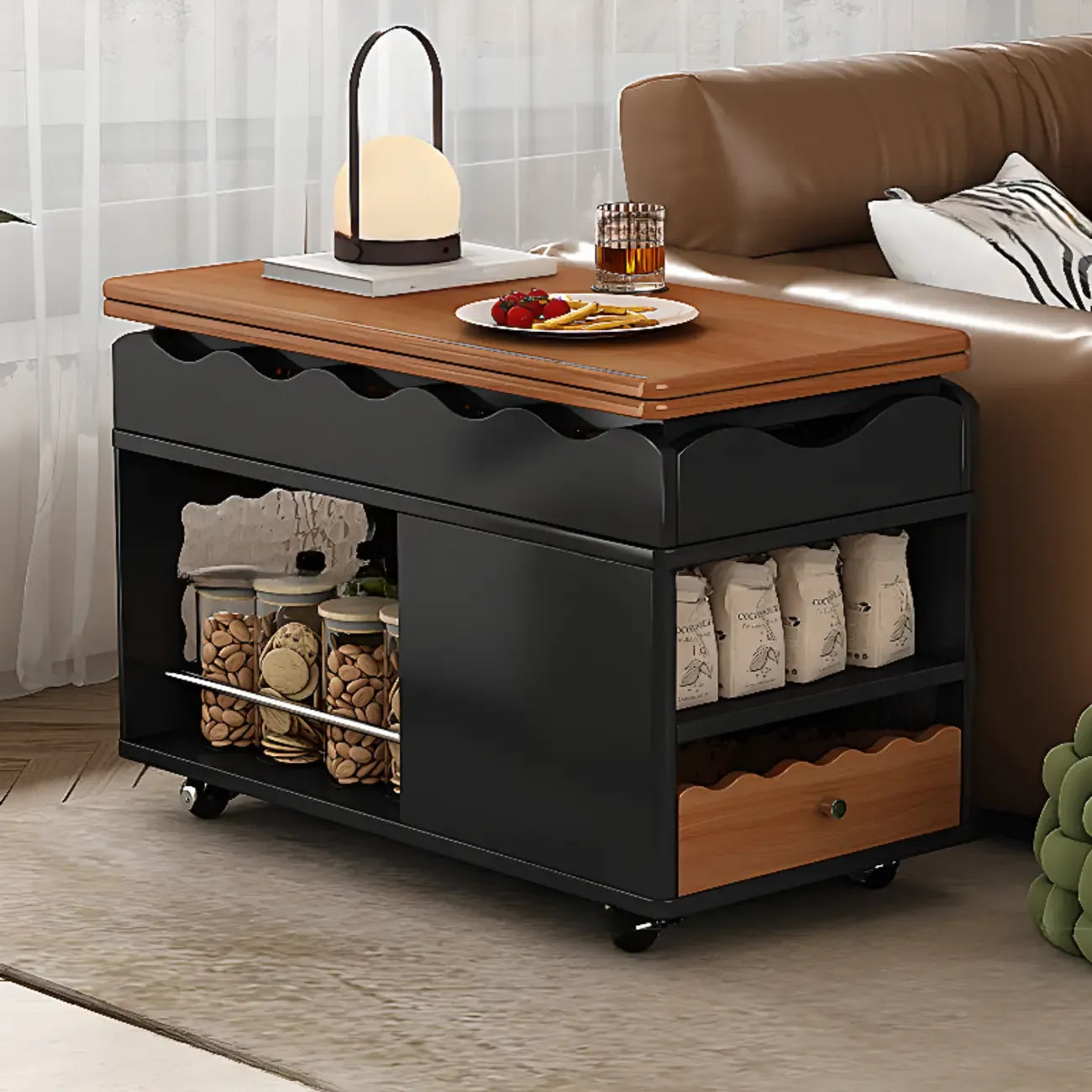 Chariot de rangement roulant pliable en bois réglable avec plateau de table