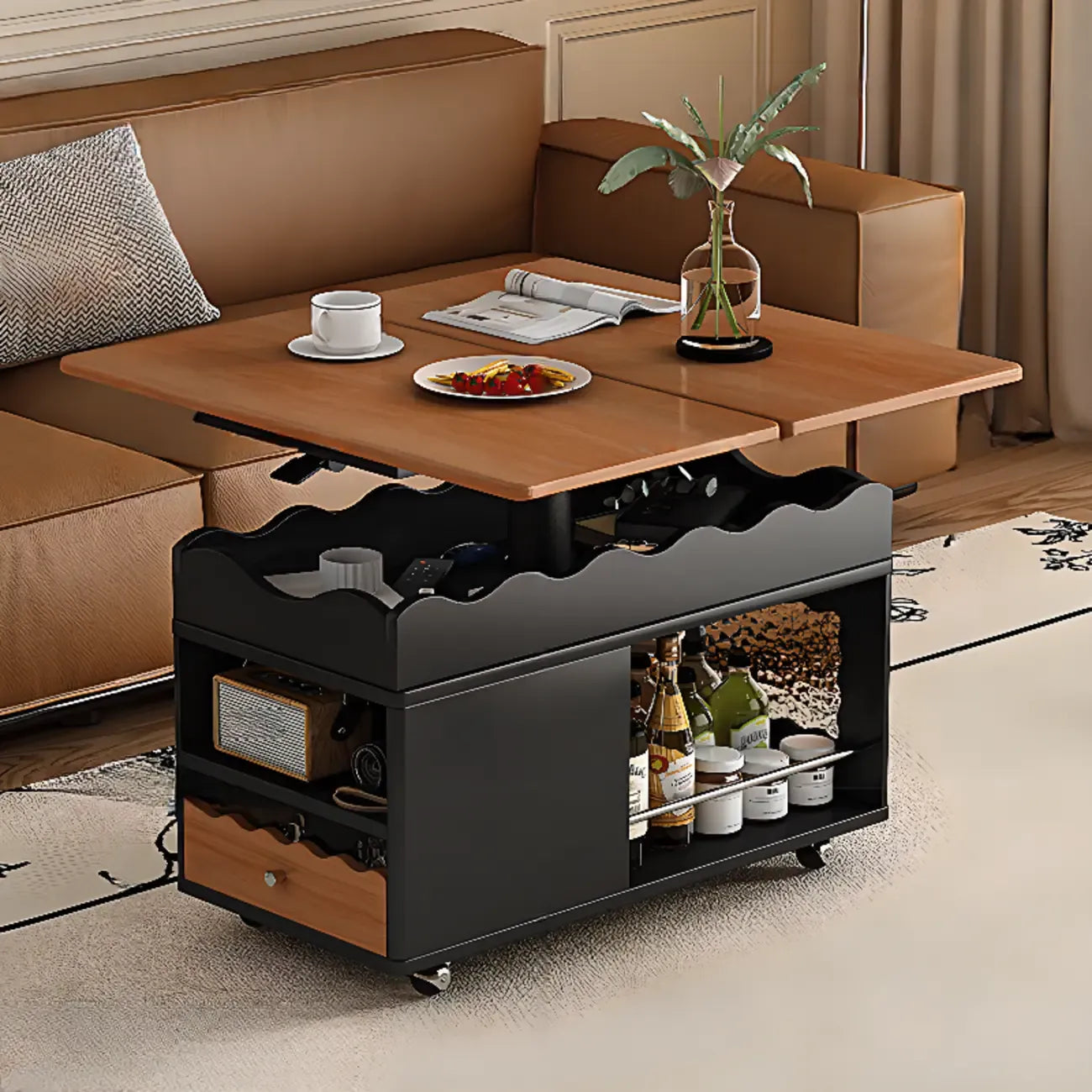 Chariot de rangement roulant pliable en bois réglable avec plateau de table
