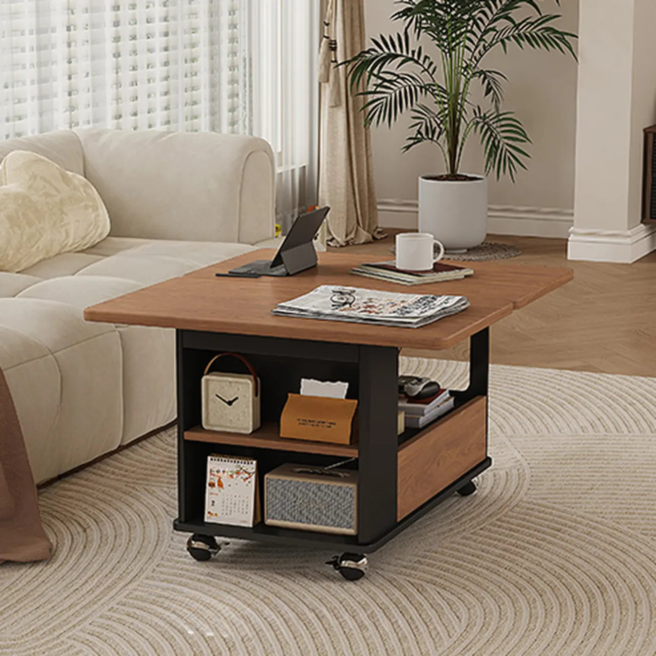 Chariot de rangement roulant pliable en bois réglable avec plateau de table
