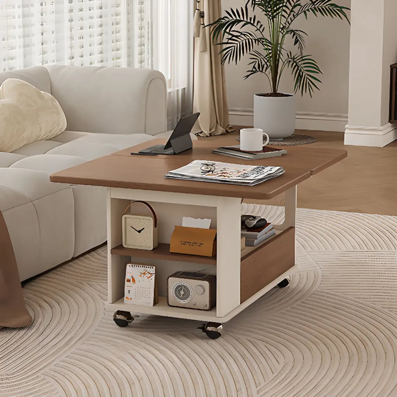 Chariot de rangement roulant pliable en bois réglable avec plateau de table