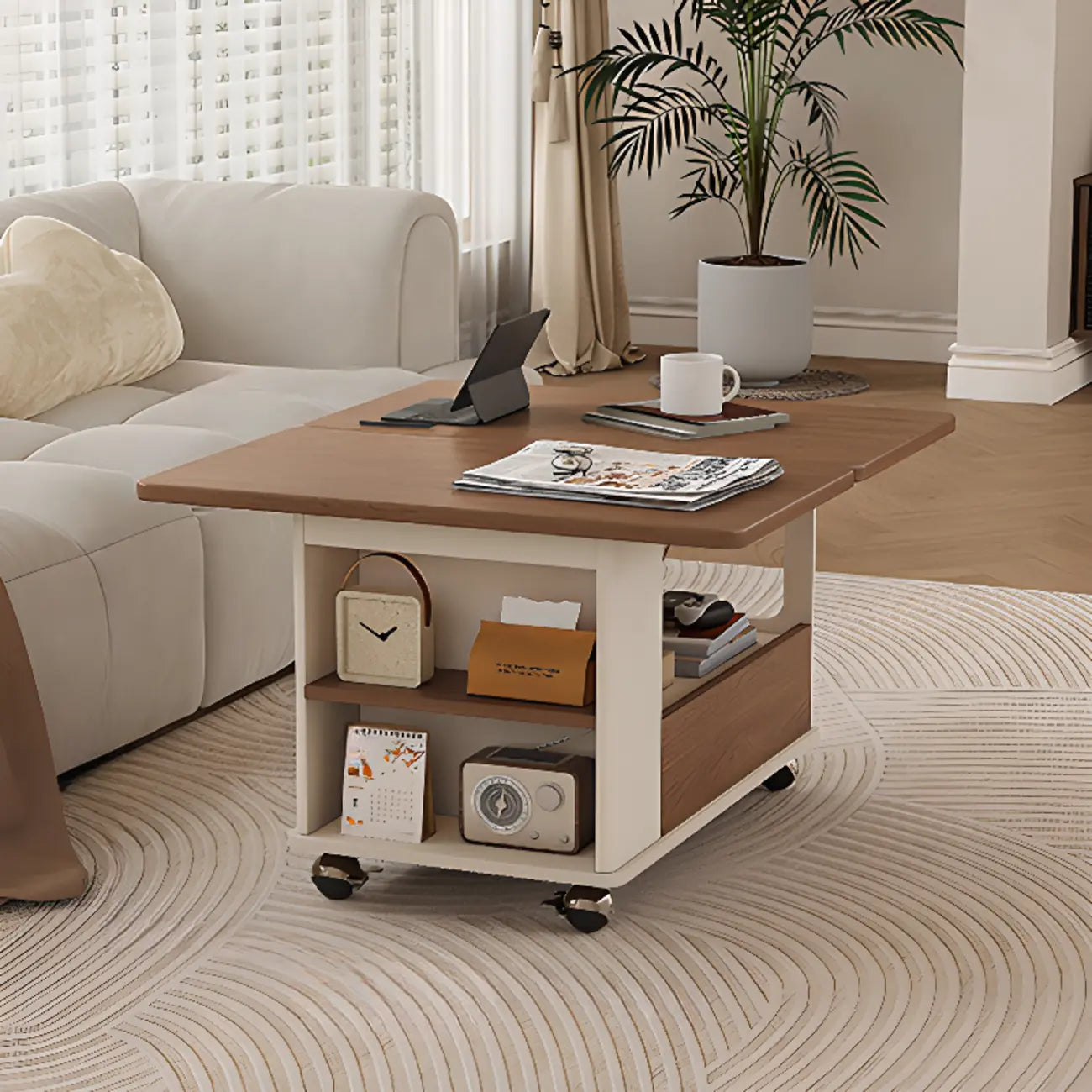 Chariot de rangement roulant pliable en bois réglable avec plateau de table