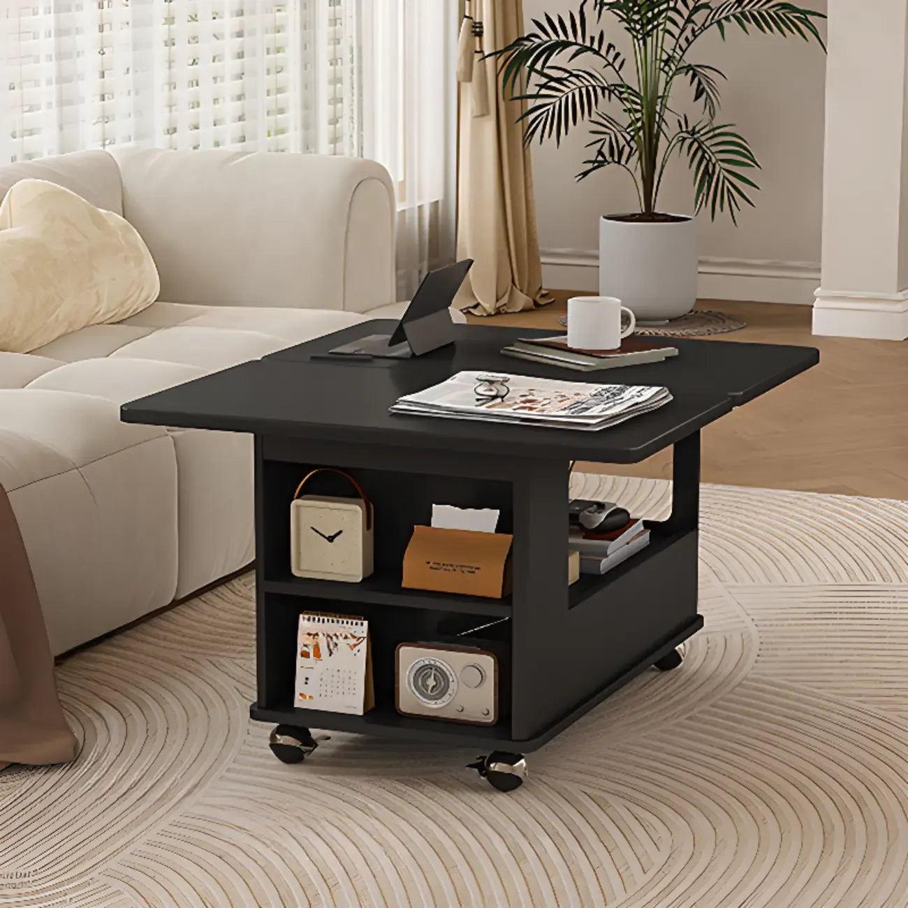 Chariot de rangement roulant pliable en bois réglable avec plateau de table
