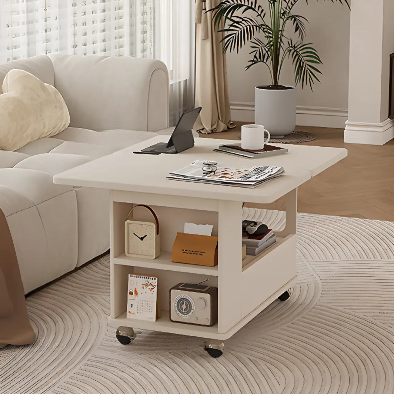Chariot de rangement roulant pliable en bois réglable avec plateau de table