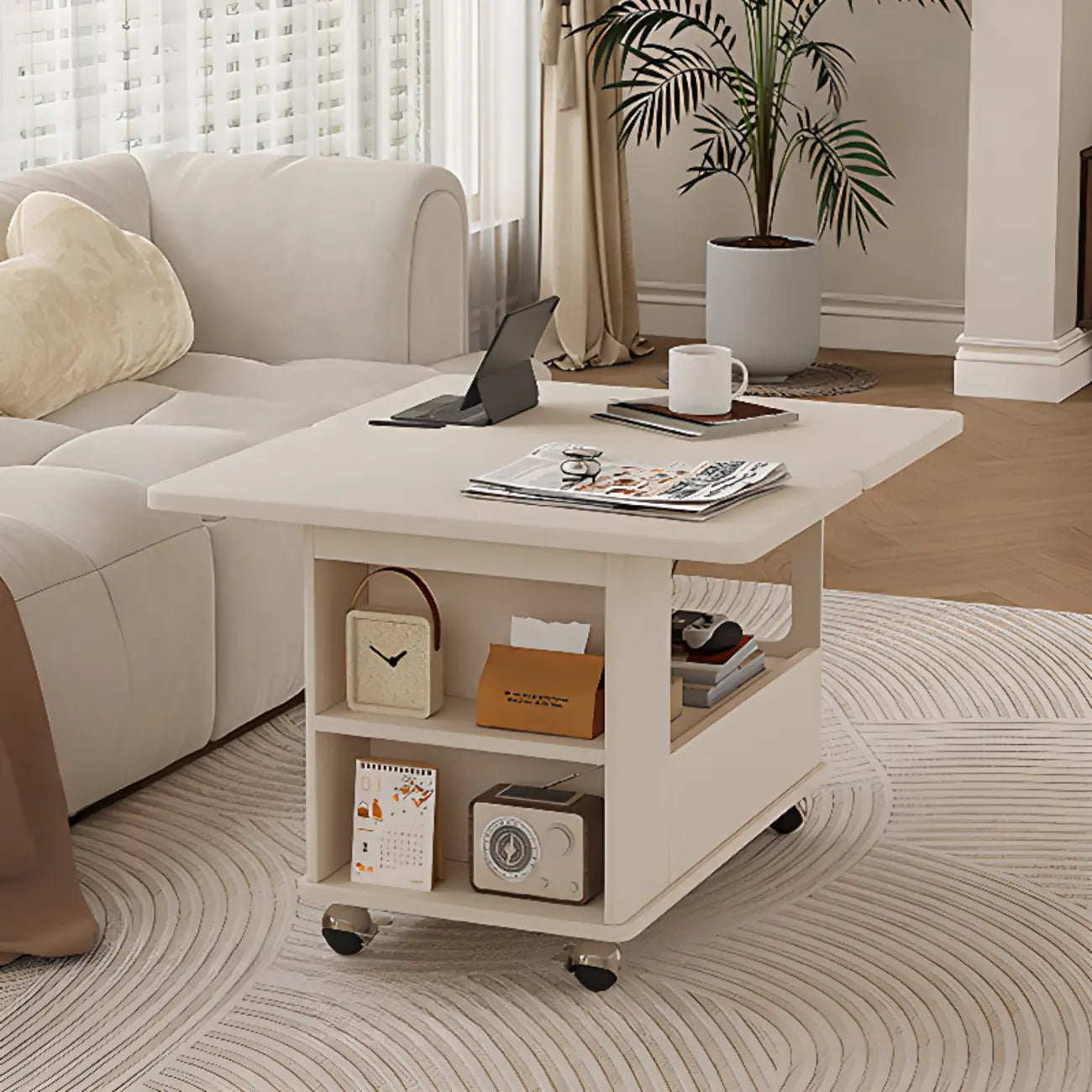 Chariot de rangement roulant pliable en bois réglable avec plateau de table