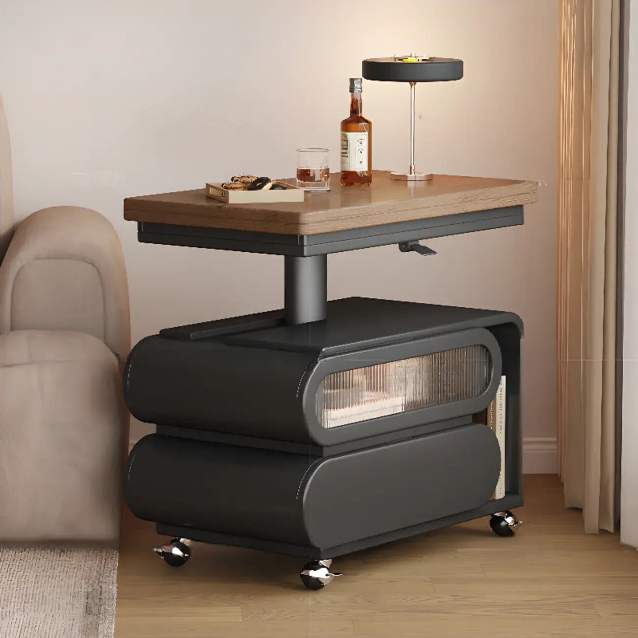 Tavolino moderno in legno con ruote e piano regolabile