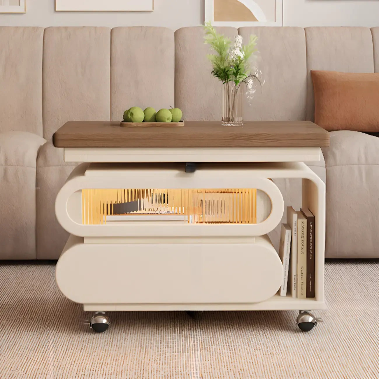Tavolino moderno in legno con ruote e piano regolabile