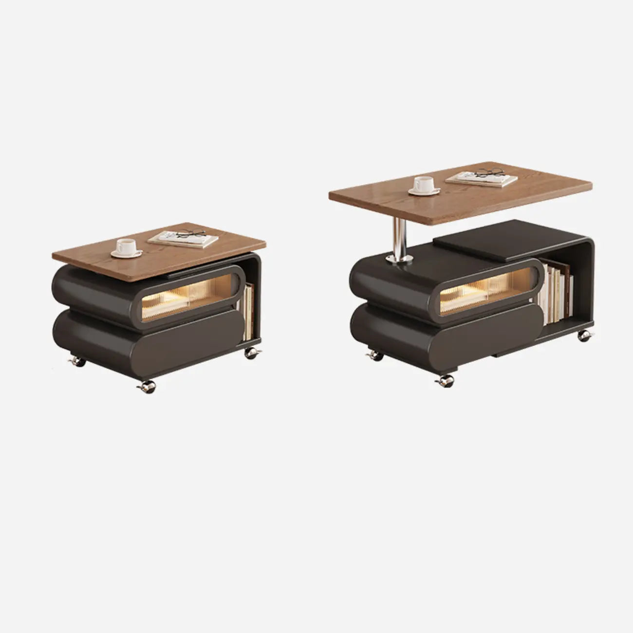 Tavolino moderno in legno con ruote e piano regolabile