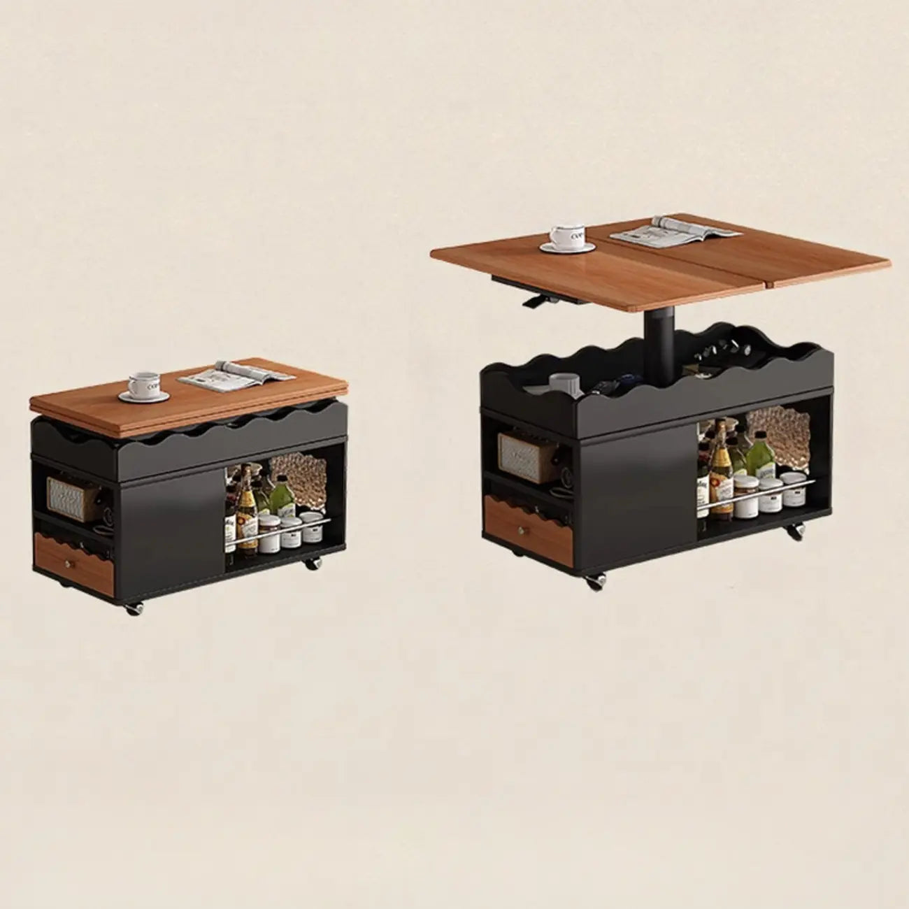 Tavolino moderno in legno con ruote e piano regolabile