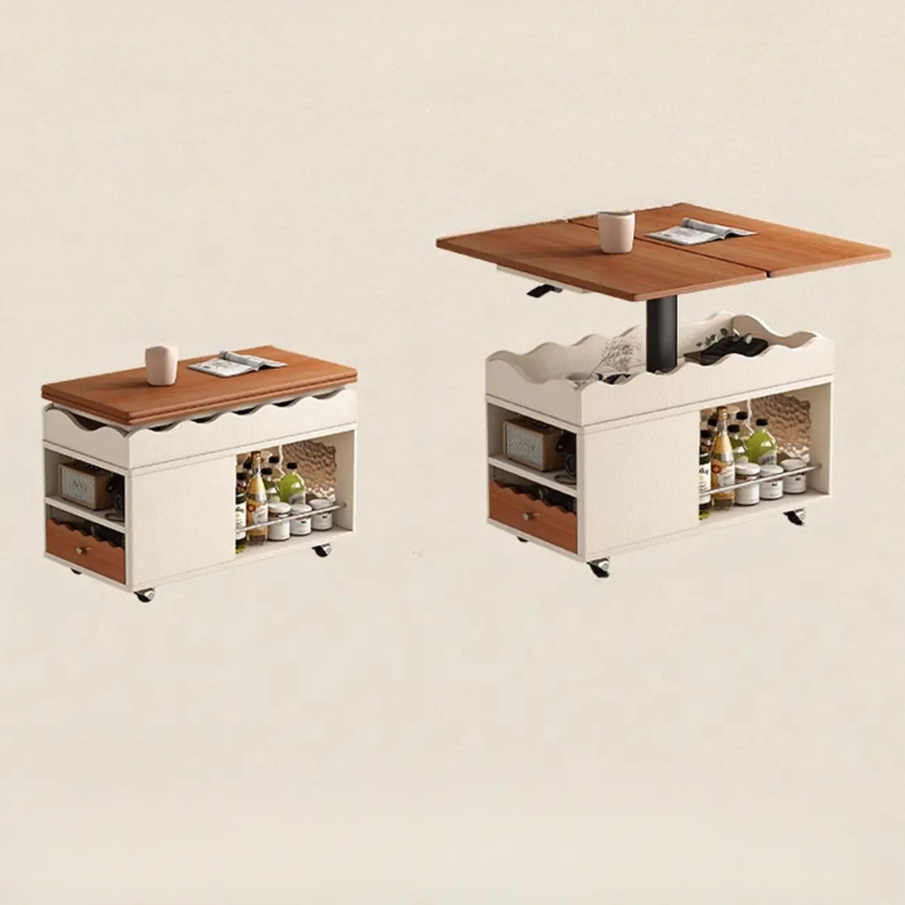 Tavolino moderno in legno con ruote e piano regolabile