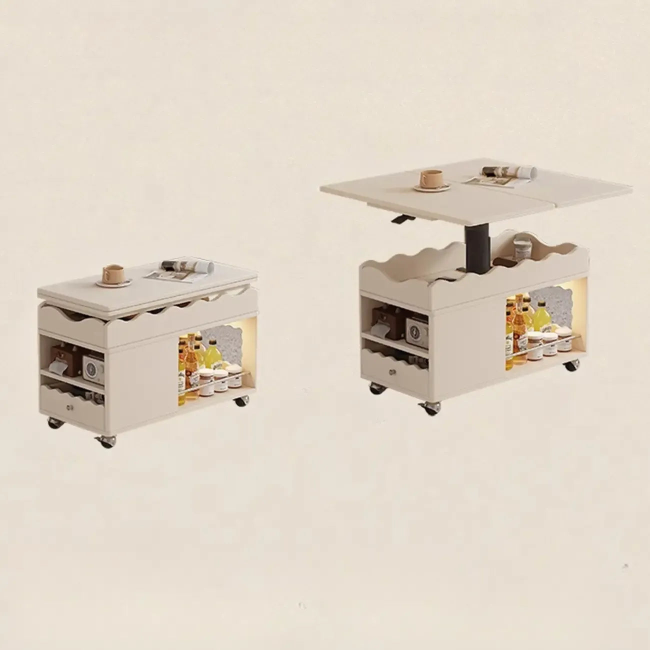 Tavolino moderno in legno con ruote e piano regolabile