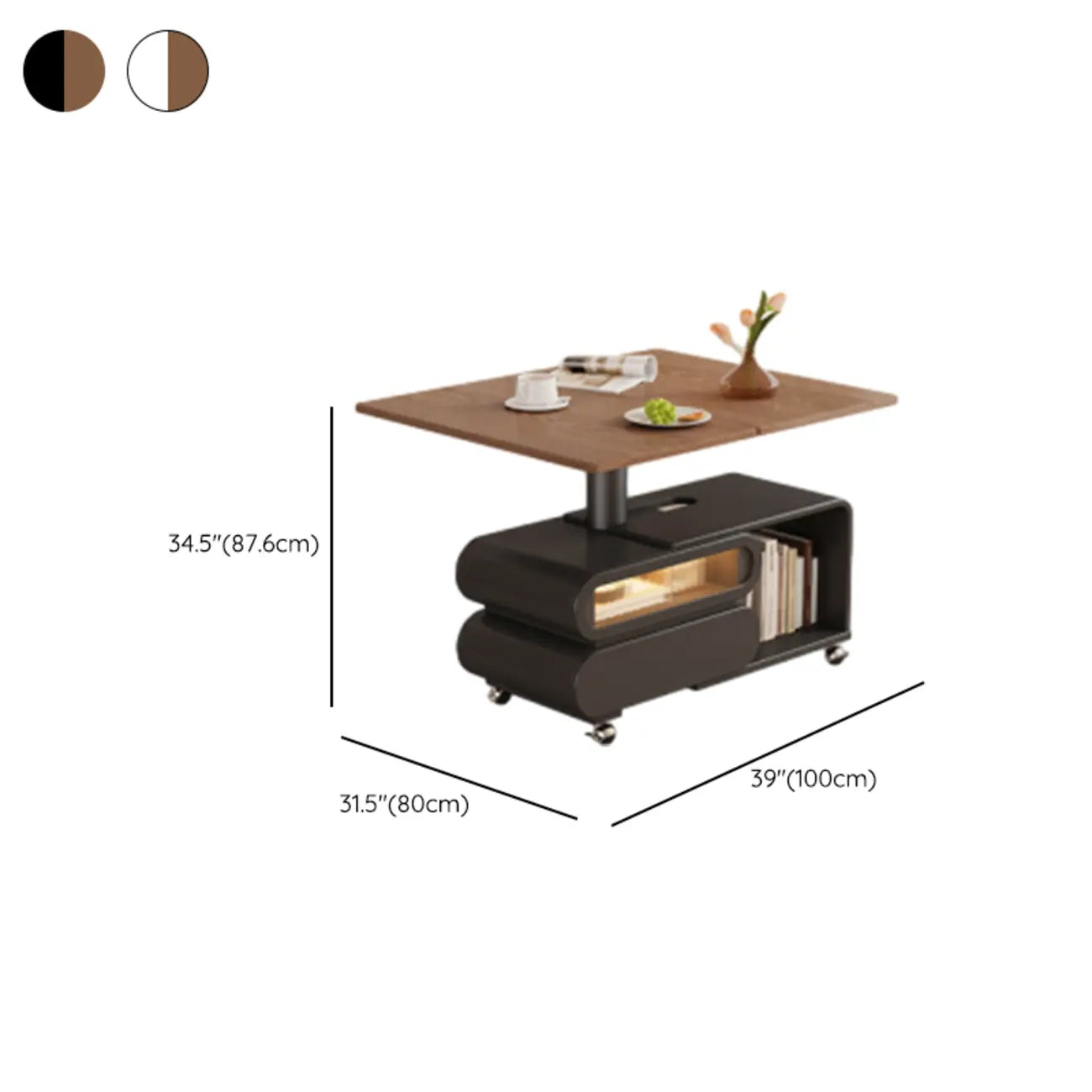 Tavolino moderno in legno con ruote e piano regolabile
