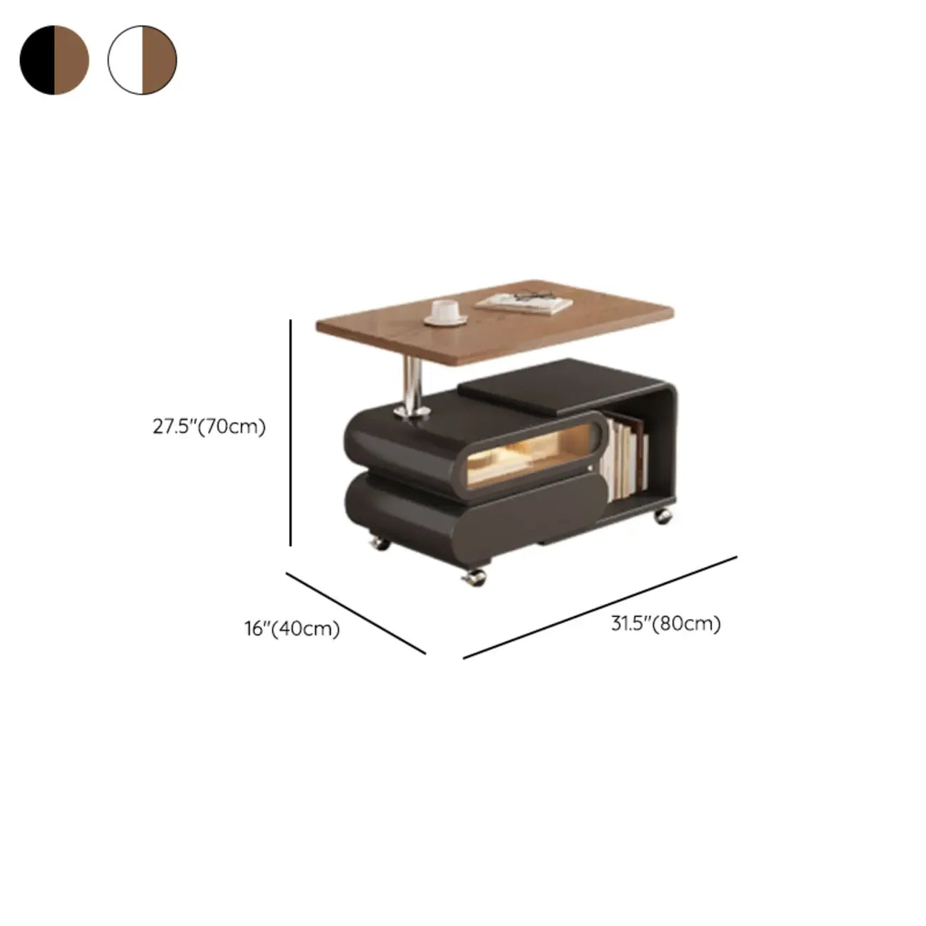 Tavolino moderno in legno con ruote e piano regolabile