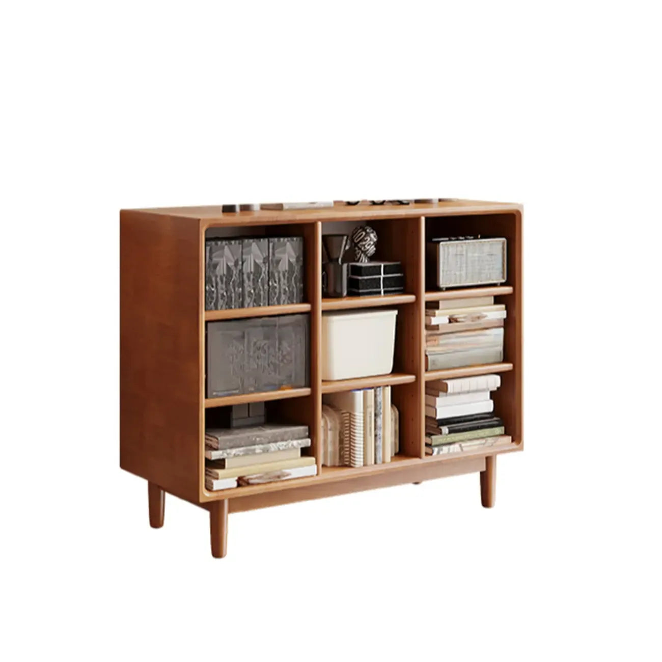 Bibliothèque horizontale en bois brun à fond fermé, style milieu du siècle