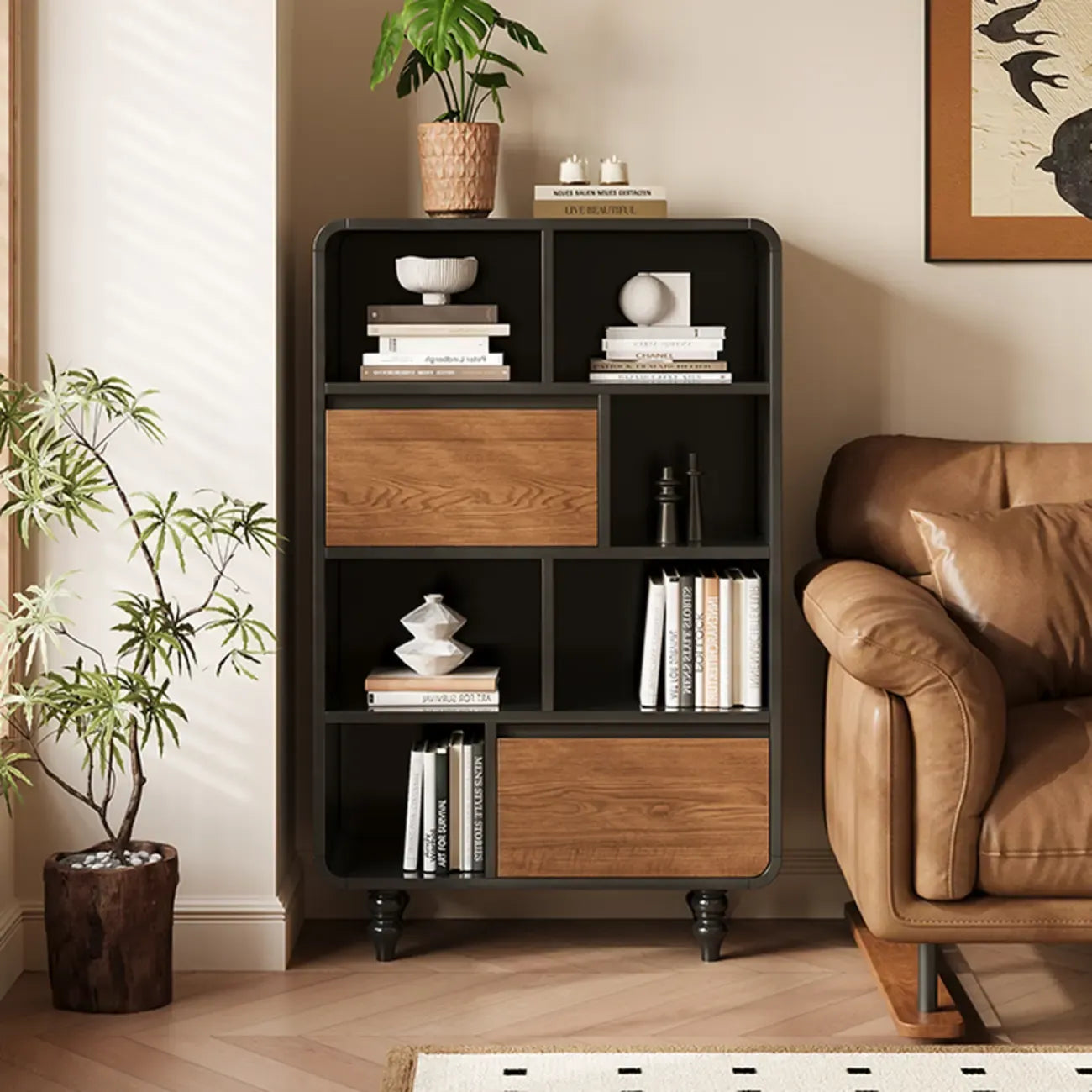 Petite étagère minimaliste en bois noir avec tiroir