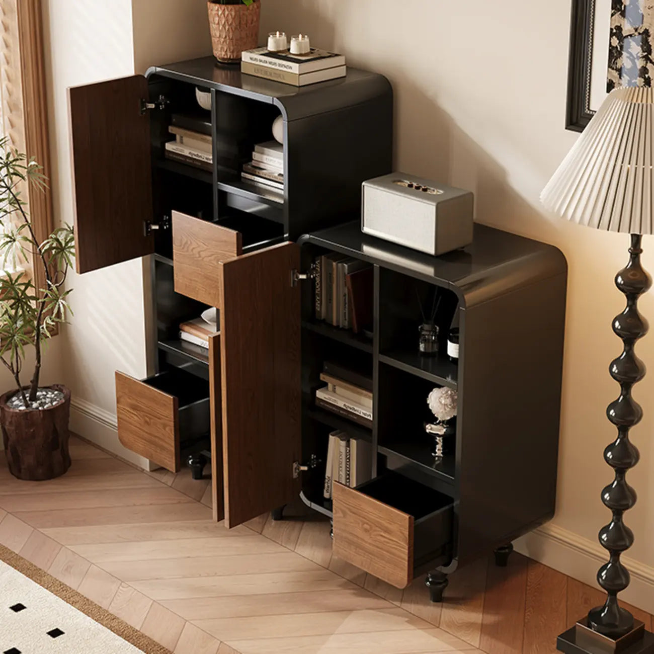 Petite étagère minimaliste en bois noir avec tiroir