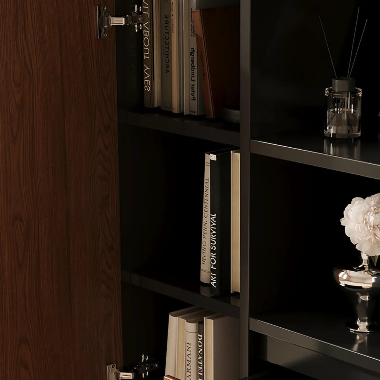 Petite étagère minimaliste en bois noir avec tiroir